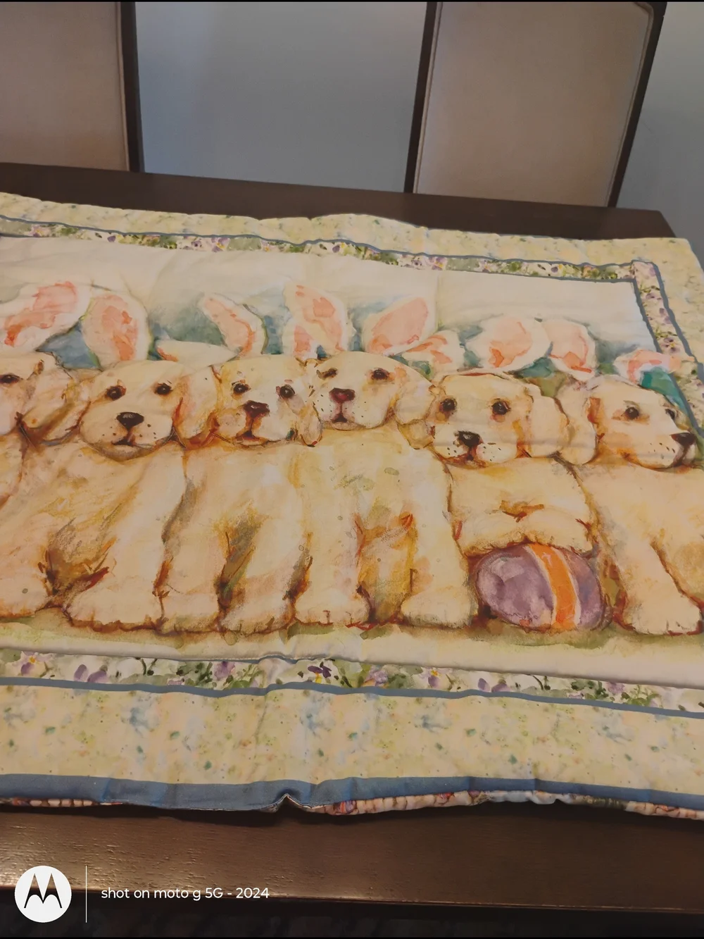 Whimsical Cream Puppy Quilt Throw with Pastel Accents